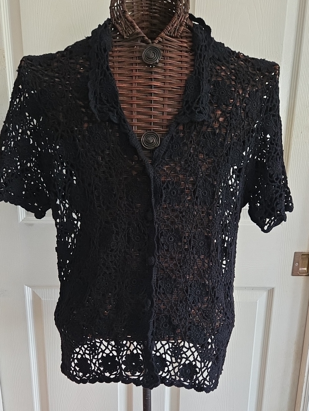 JohnPaulRichard Black Crocheted Top with Floral Accents